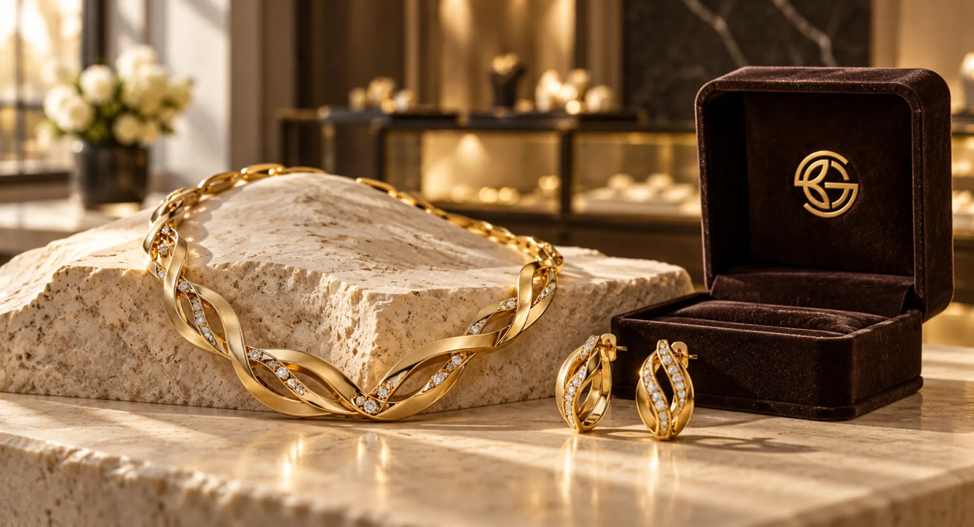 Gold jewellery displayed beside a BGS gift box