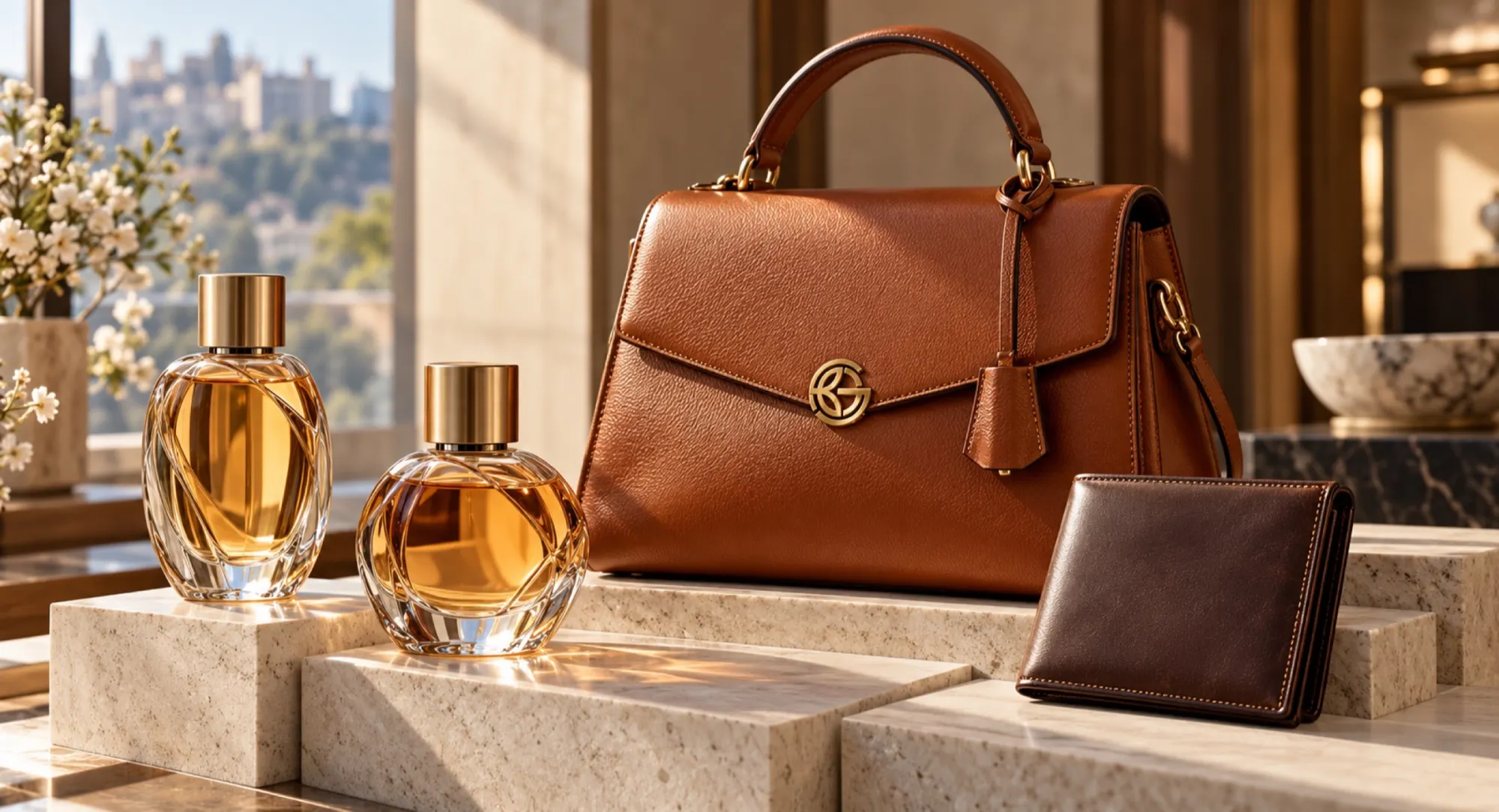 Perfumes and a leather handbag on display