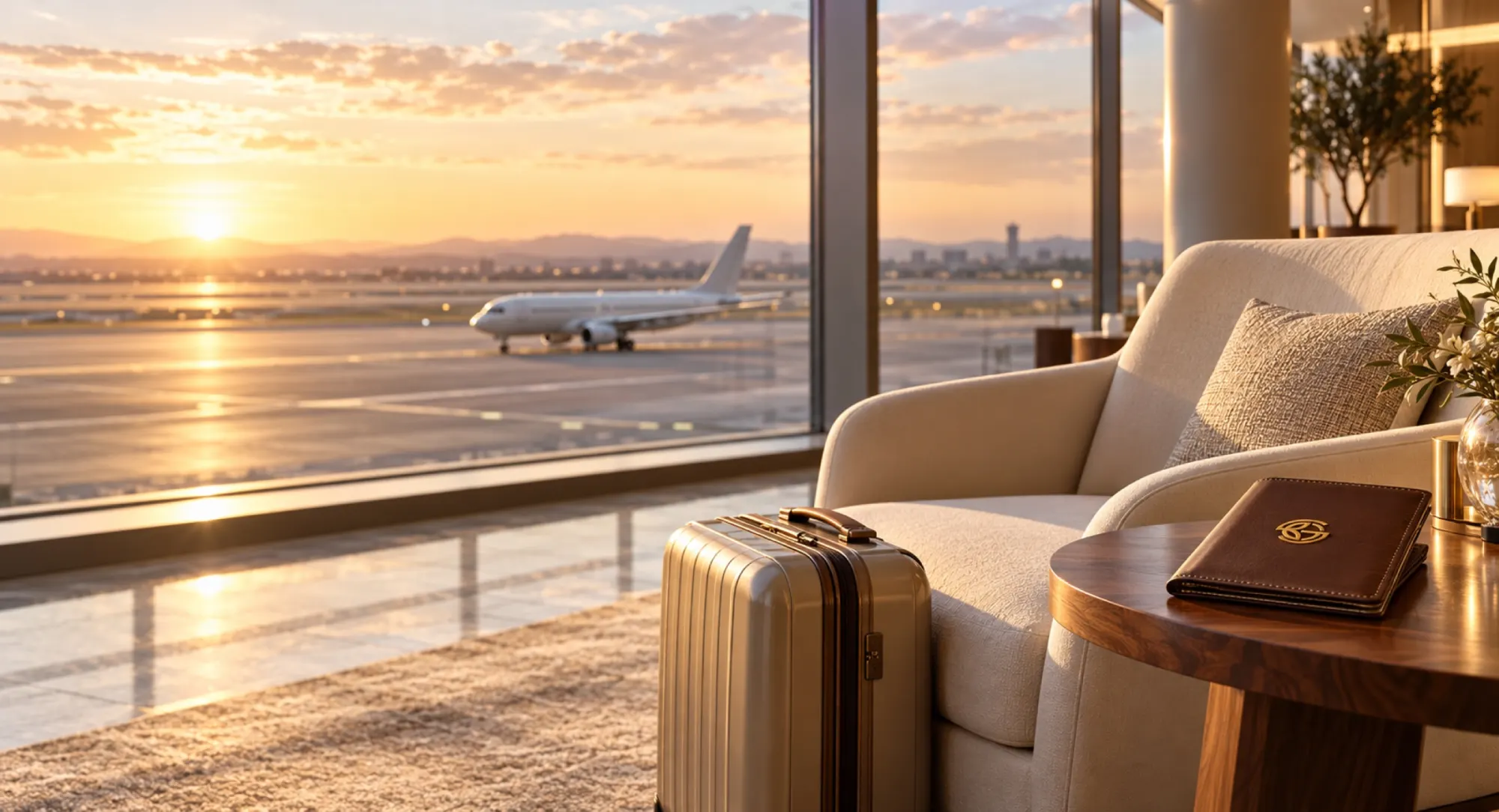 An aircraft at sunset seen from an airport lounge