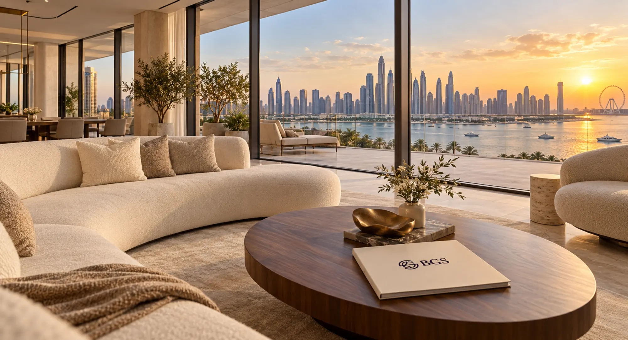A living room overlooking the Dubai skyline