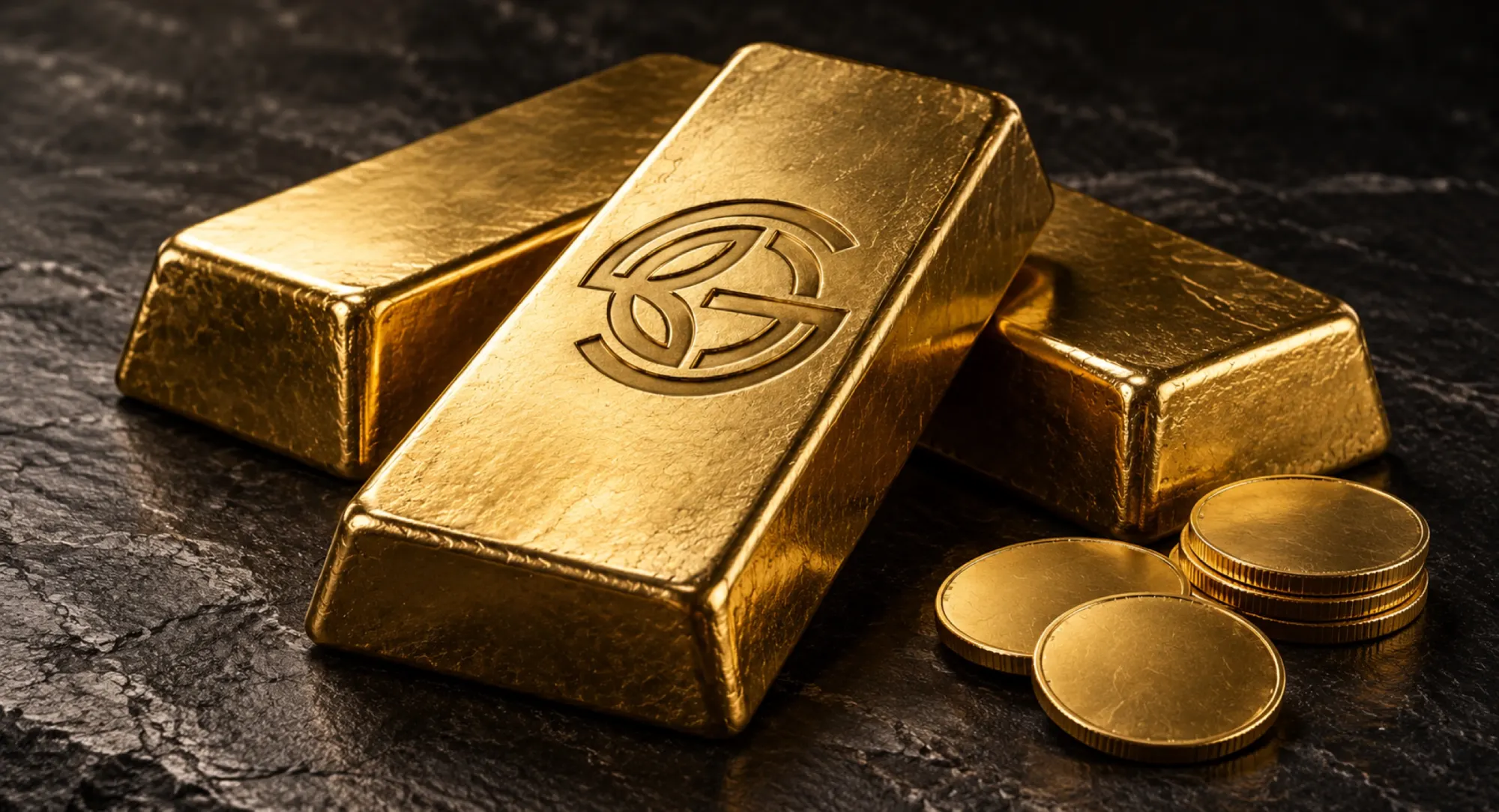 Gold bars and coins stamped with the BGS emblem