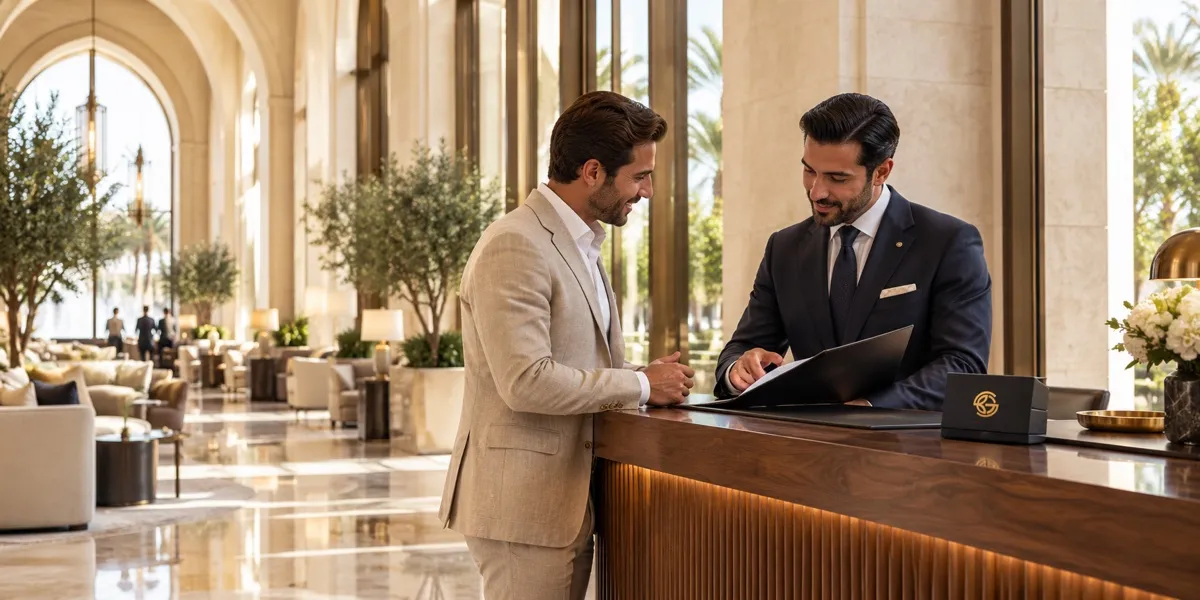 A partner meeting at a hotel reception desk